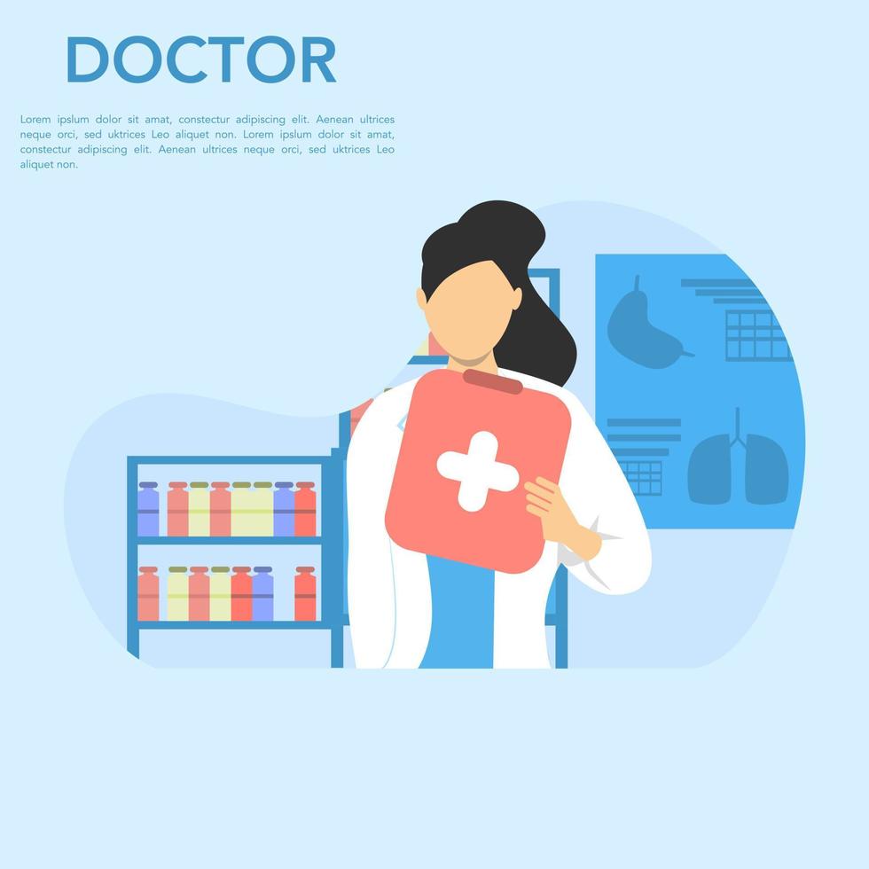 concepto de tratamiento con médico. doctora practicante con tablero de información, consultorio médico del hospital. consulta y diagnostico. vector