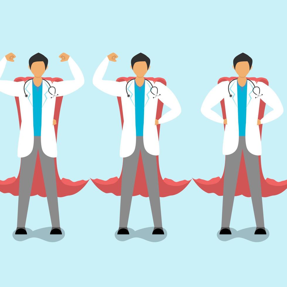 three Hero Doctors and Red Cloaks Stand. Flat Vector Cartoon Illustration.