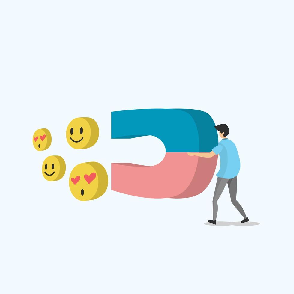 man attracts emoticons with magnets. Popularity on social networks. Influencers. Social media marketing concept. The person holding the magnet drags like a sign. Vector illustration, flat style.