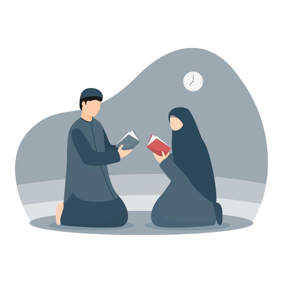 Muslim Couple Read Qur'an in Ramadhan vector