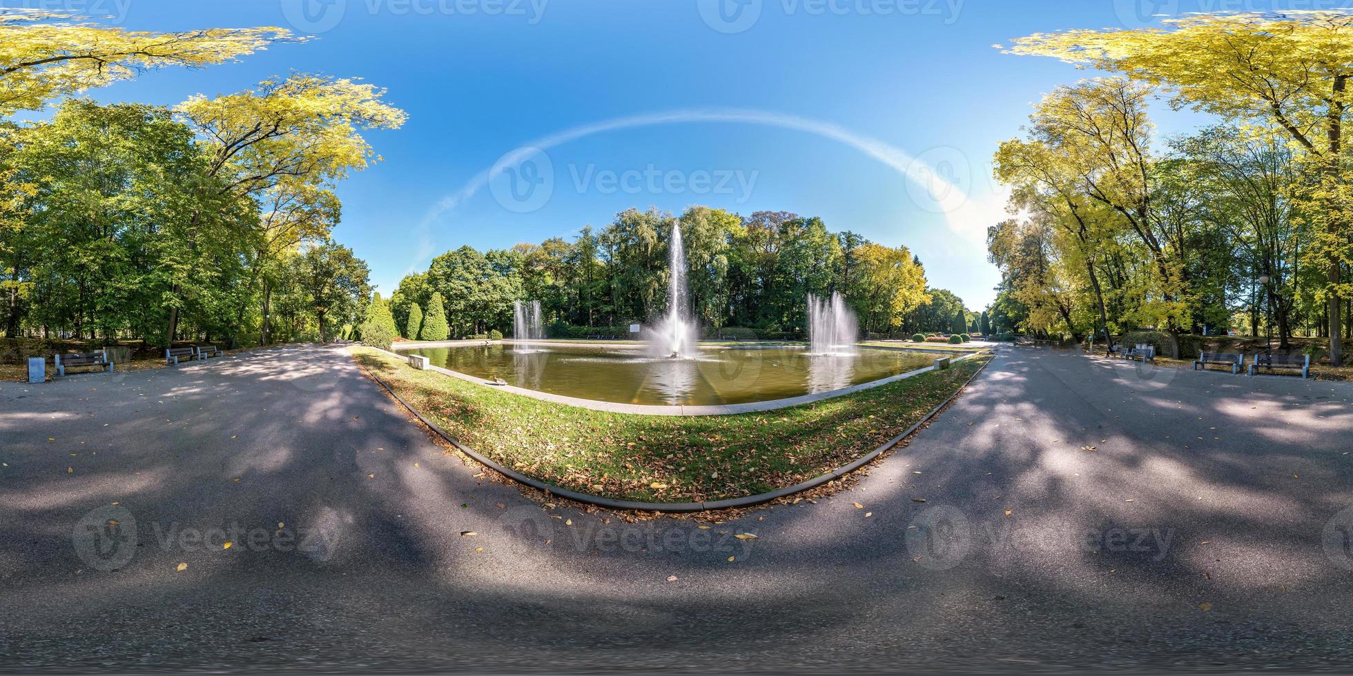 full seamless spherical hdri panorama 360 degrees angle view of early autumn in empty city park near fountain equirectangular spherical projection with zenith and nadir. for VR content photo