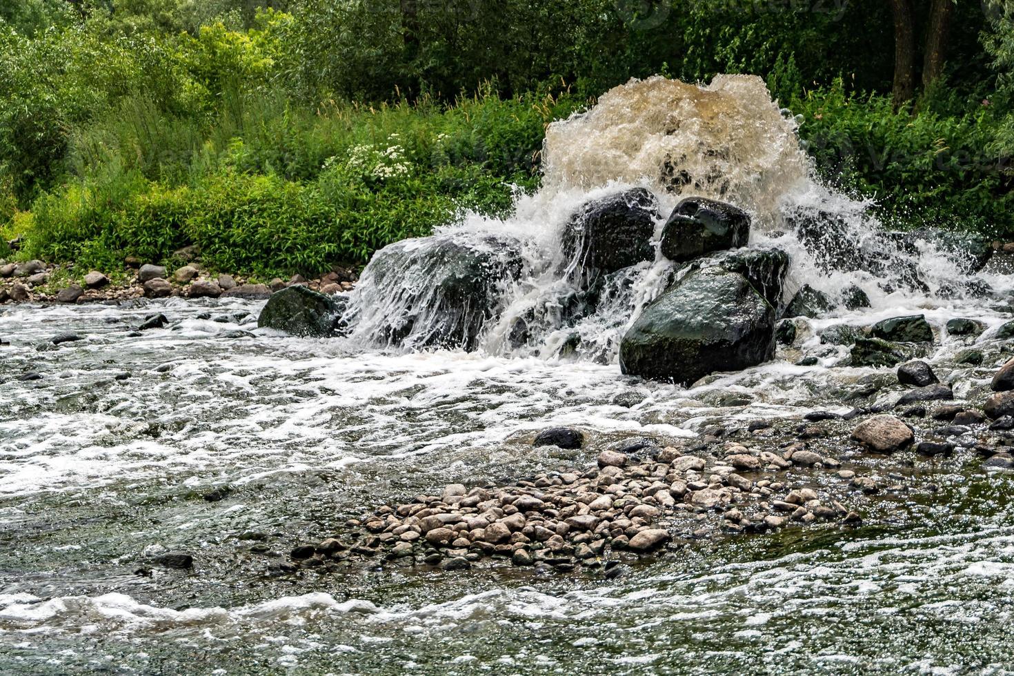 mixing zone of sewage discharge of urban sewage. river pollution. city dumps photo