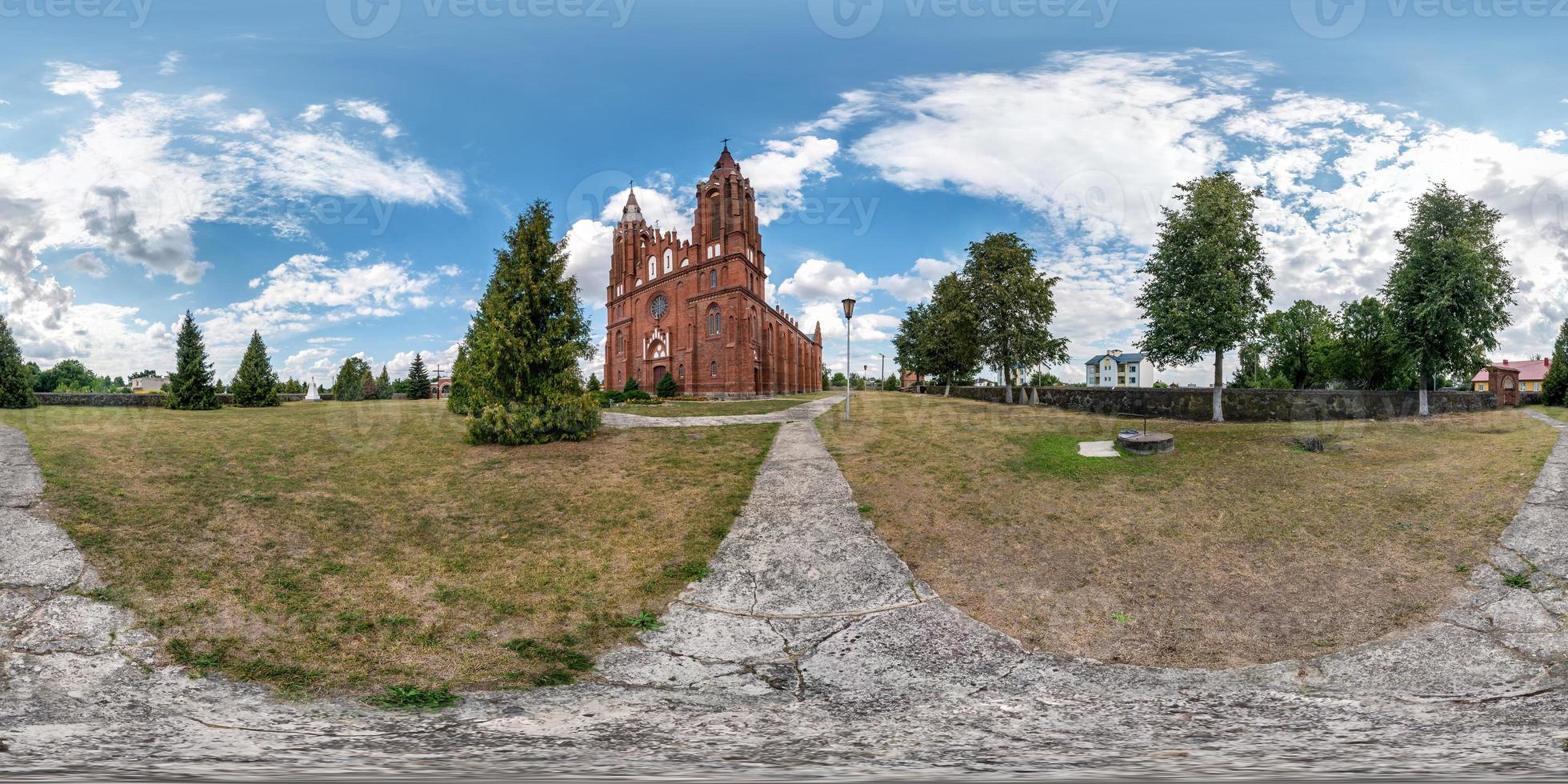 Full seamless spherical hdri panorama 360 degrees angle in small village with decorative medieval style architecture church in equirectangular spherical projection with zenith and nadir. vr content photo