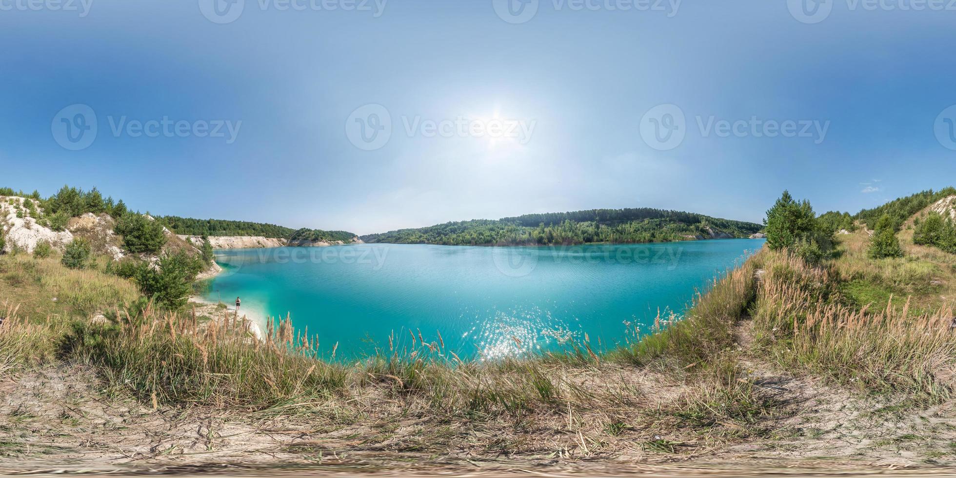 full seamless spherical hdri panorama 360 degrees angle view on chalkpit on limestone coast of huge turquoise lake in summer day in equirectangular projection with zenith and nadir, VR content photo
