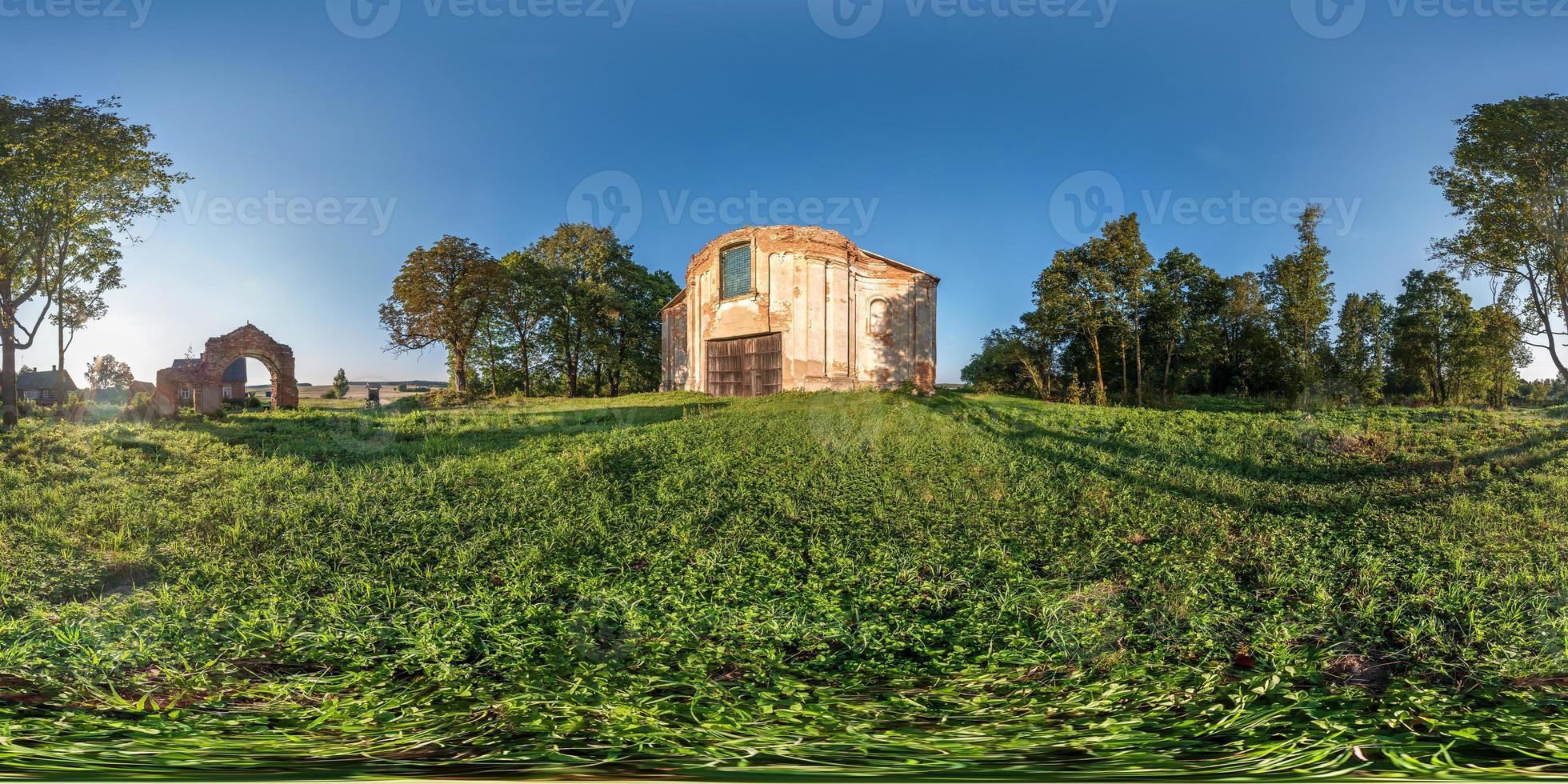 Full seamless spherical hdri panorama 360 degrees angle near abandoned ruined medieval style architecture church in equirectangular spherical projection with zenith and nadir. vr content photo