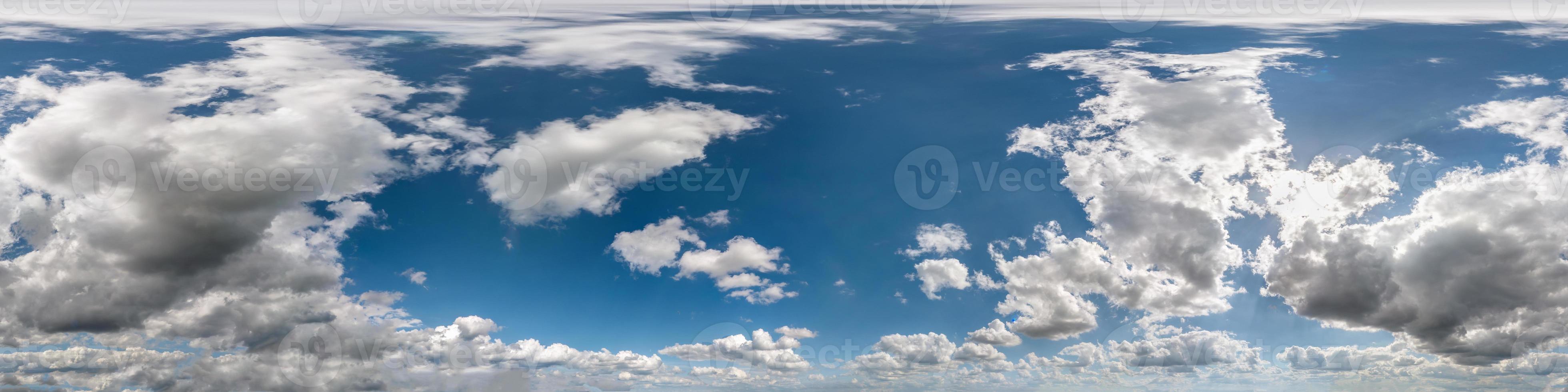 Seamless cloudy blue sky hdri panorama 360 degrees angle view with zenith and beautiful clouds for use in 3d graphics as sky dome or edit drone shot photo