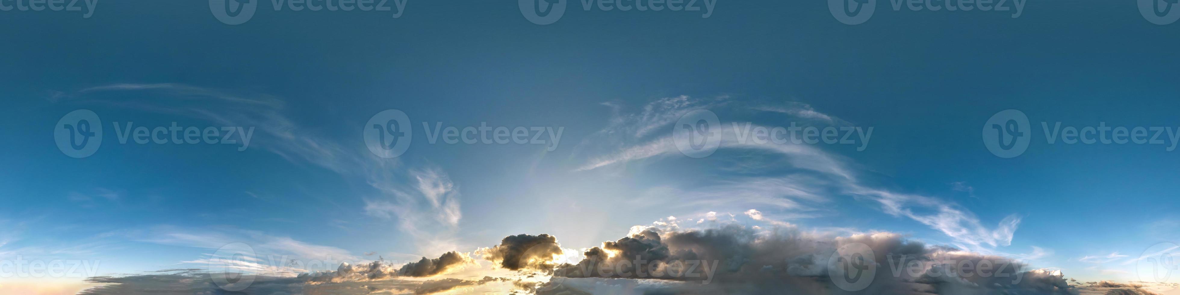dark blue sky before sunset after storm with beautiful clouds. Seamless hdri panorama 360 degrees angle view with zenith for use in 3d graphics or game development as sky dome or edit drone shot photo