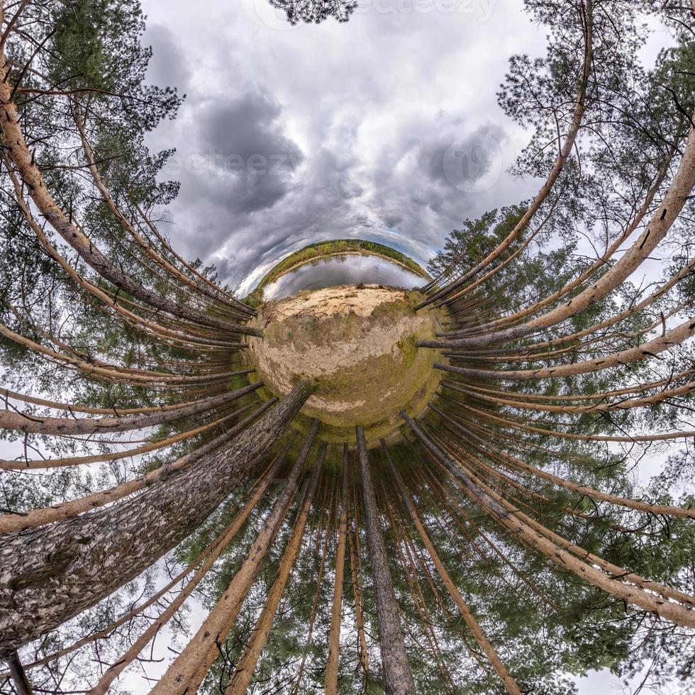 Little planet transformation of spherical panorama 360 degrees. Spherical abstract aerial view in forest. Curvature of space. photo
