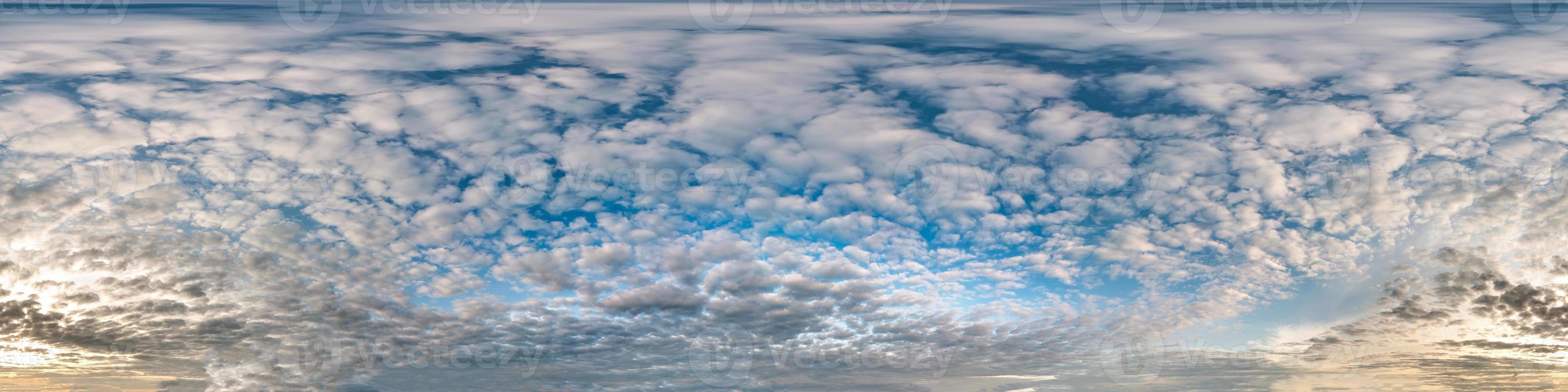 Seamless cloudy blue sky hdri panorama 360 degrees angle view with zenith and beautiful clouds for use in 3d graphics as sky dome or edit drone shot photo