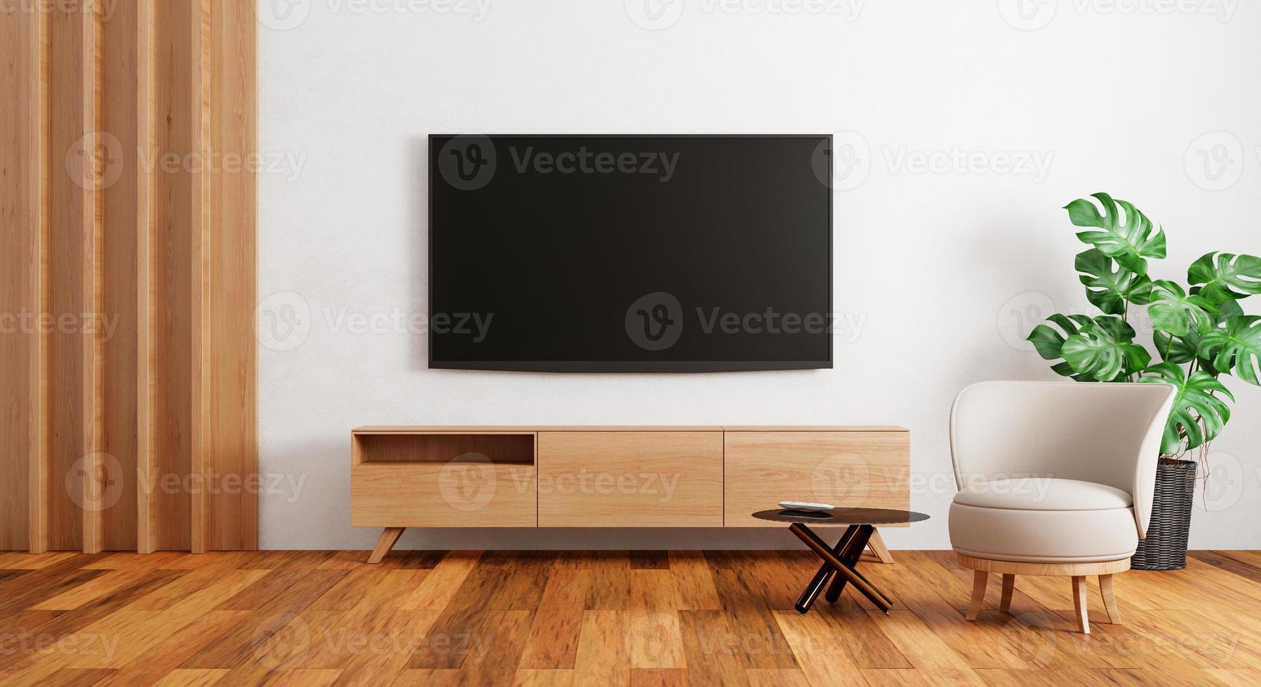 TV above wooden cabinet in modern empty room with plants carpet on wooden background. Japanese style theme. Architecture and interior concept. 3D illustration rendering photo