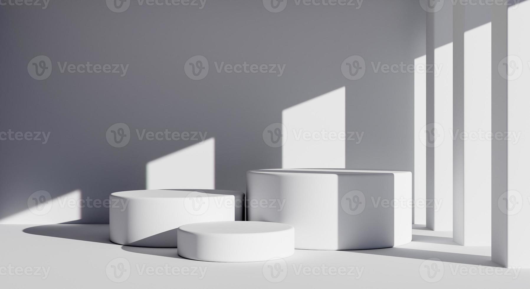 Three white round product podiums in minimal style with building background. Architecture and interior concept. 3D illustration rendering. photo