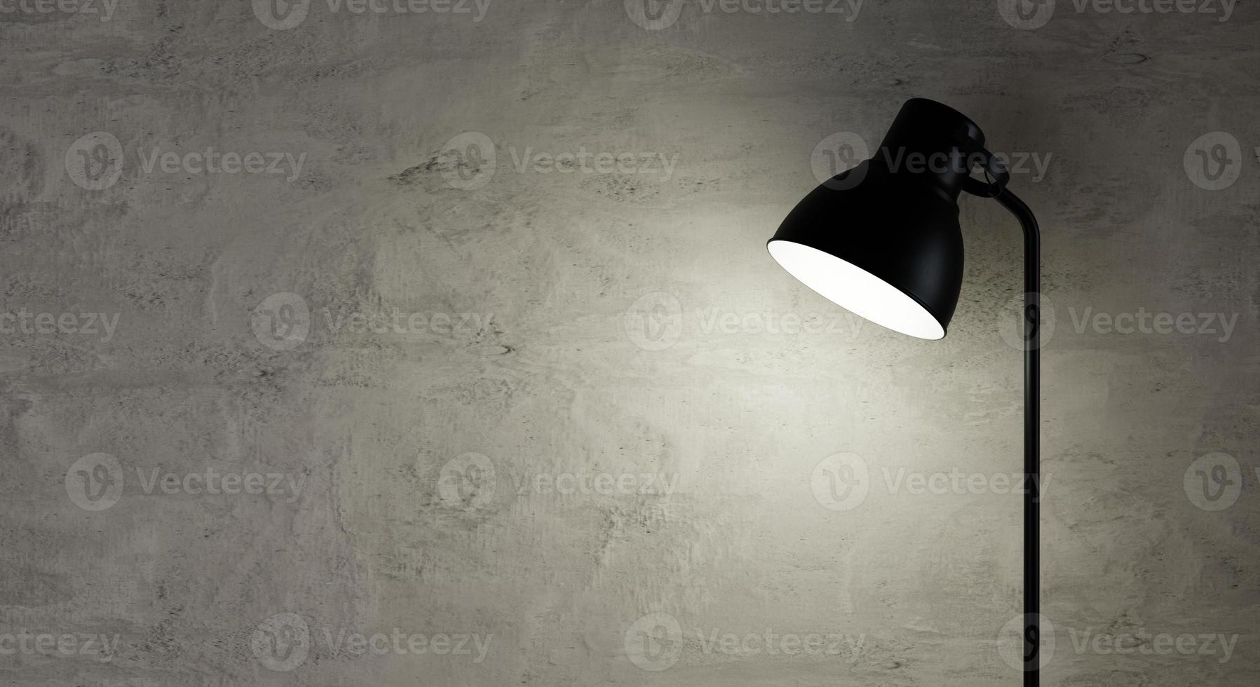 Closeup black floor lamp opening in night time or bedtime on empty concrete wall background. Furniture and object concept. 3D illustration rendering photo