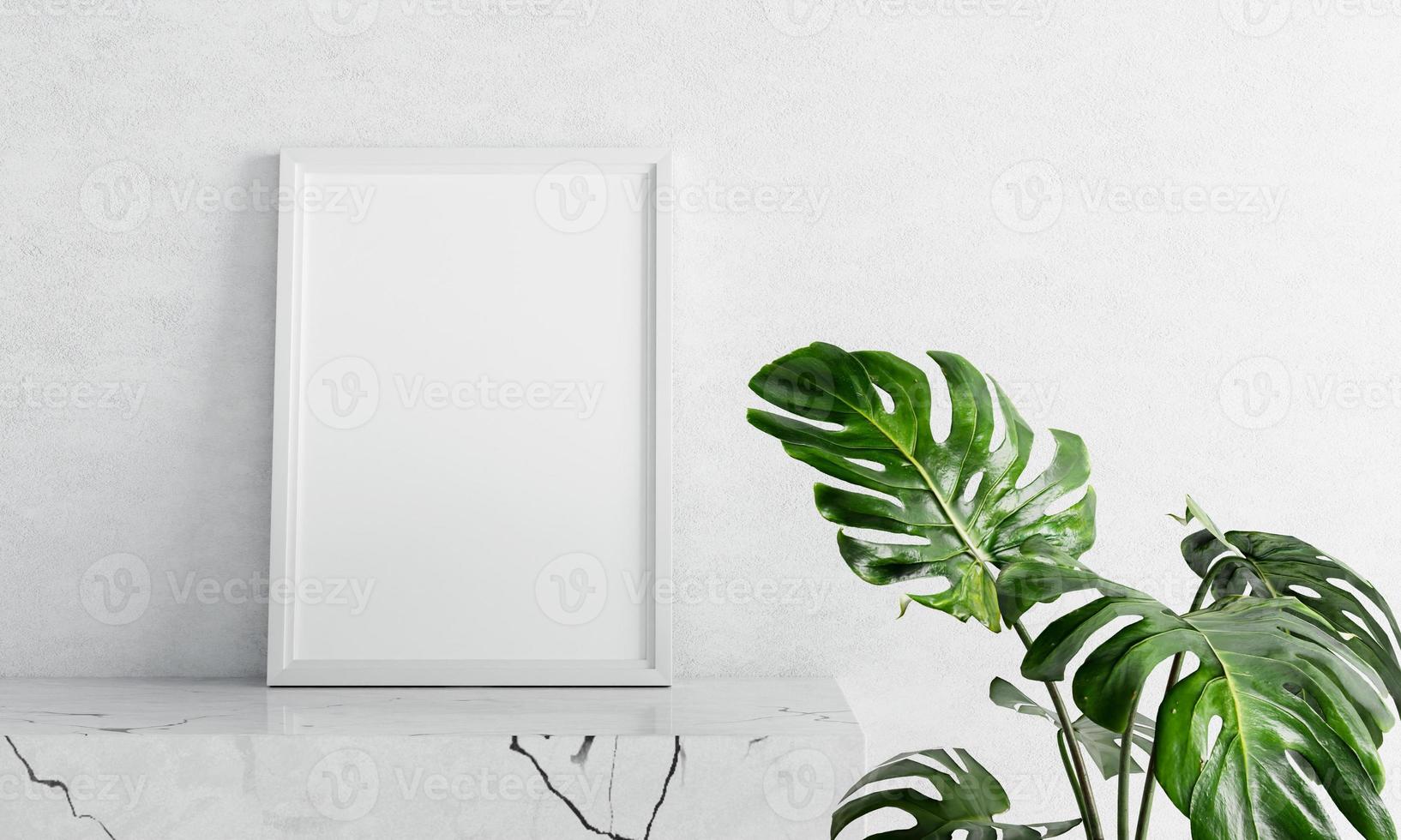 maqueta de marco de fotos vacía sobre una mesa de mármol blanco con planta de queso suizo en primer plano sobre fondo de hormigón. concepto de arte y decoración interior del hogar. representación de ilustración 3d