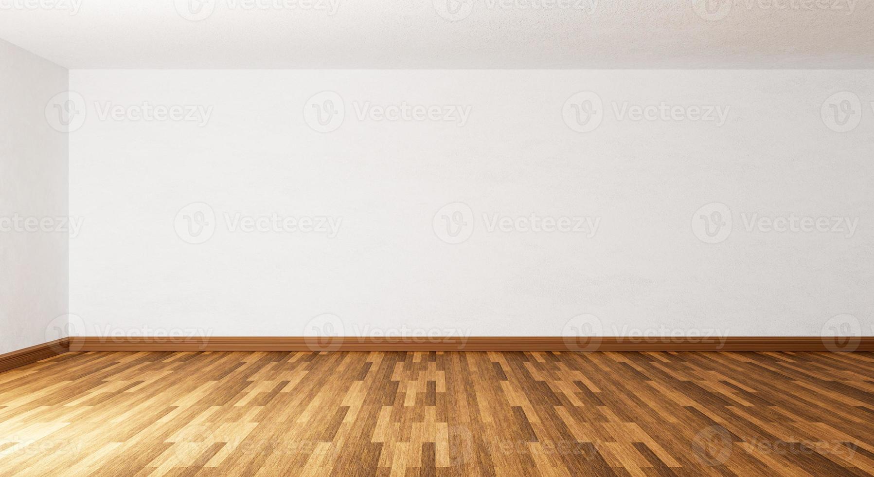 Empty room with with parquet wooden floor and white concrete wall background. Architecture and interior concept. 3D illustration rendering photo