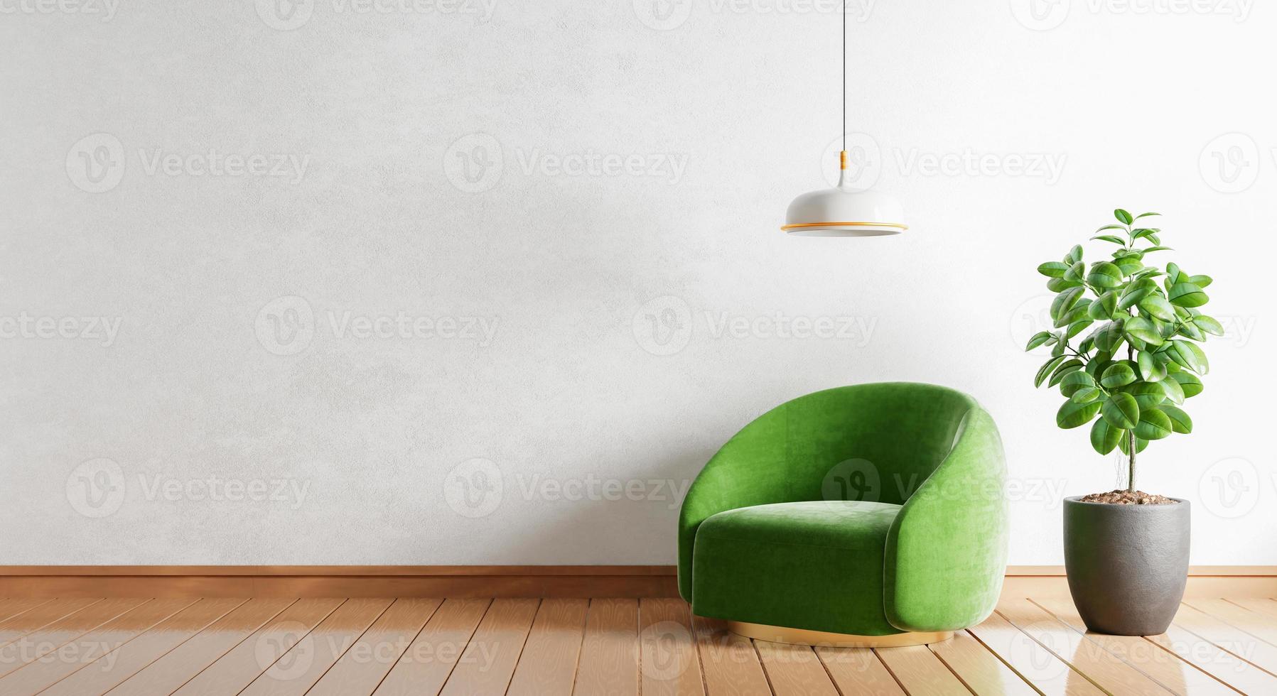 sillón verde con plantas de pared vacías y lámpara en una habitación moderna sobre fondo de madera. copie el espacio. arquitectura y concepto interior. representación de ilustración 3d foto