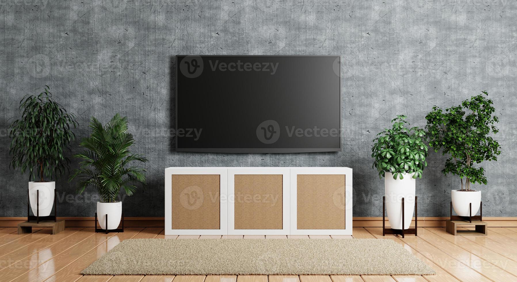 TV above wooden cabinet in modern empty room with plants and carpet on floor wooden. Architecture and interior concept. 3D illustration rendering photo