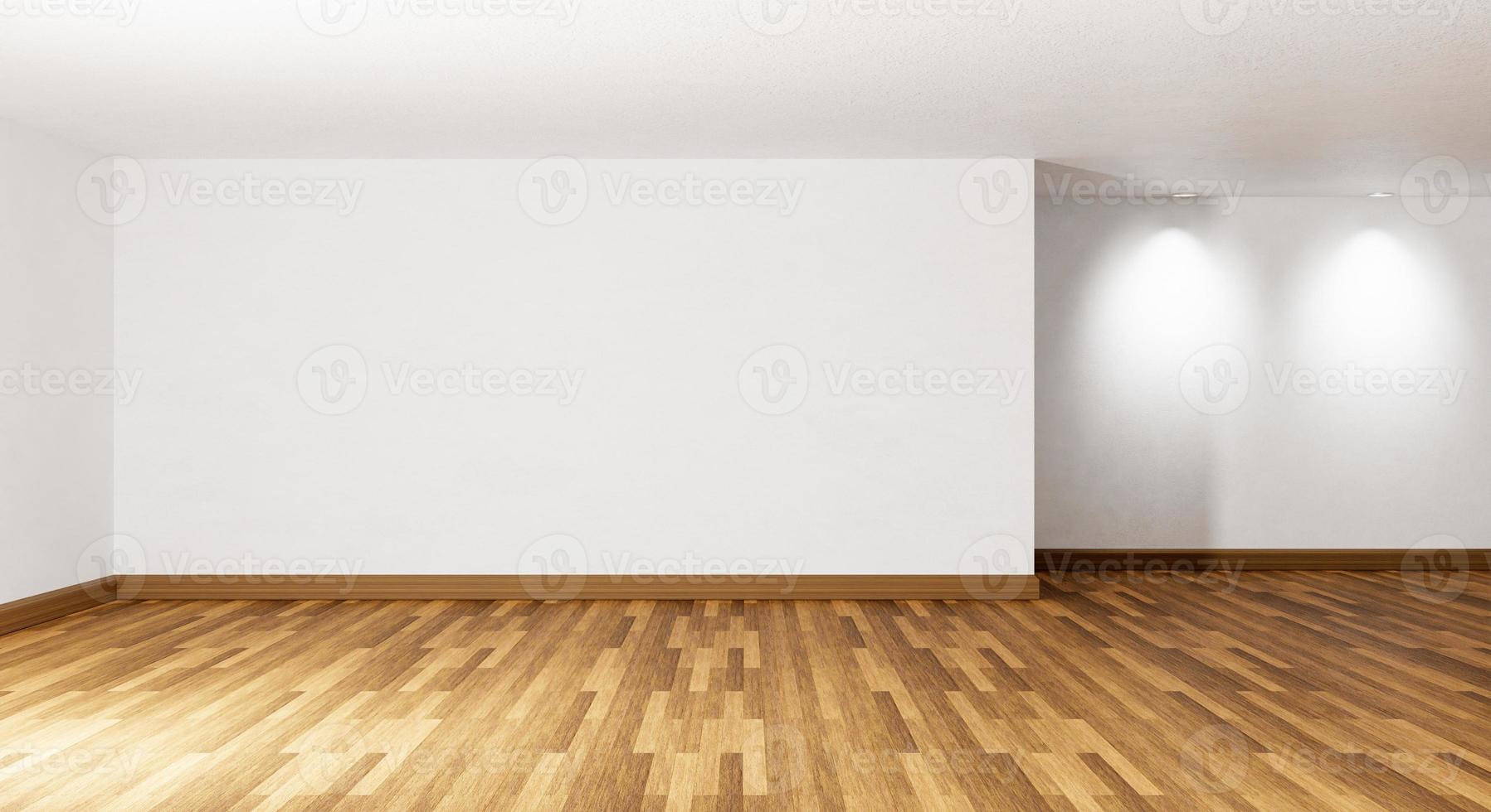 Empty room with with parquet wooden floor downlight and white concrete wall background. Architecture and interior concept. 3D illustration rendering photo