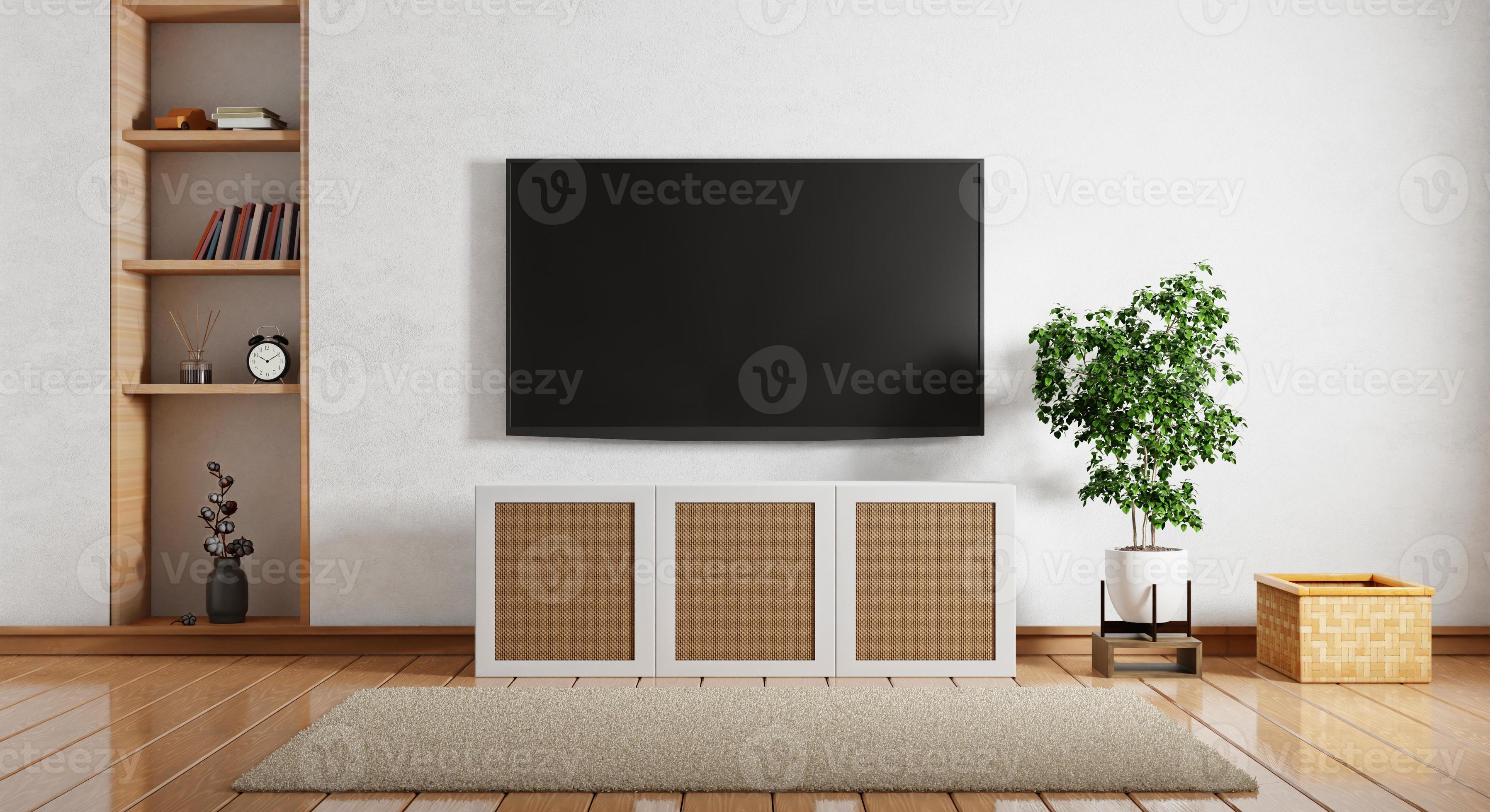 TV above wooden cabinet in modern empty room with bookshelf book plants basket and carpet on floor wooden