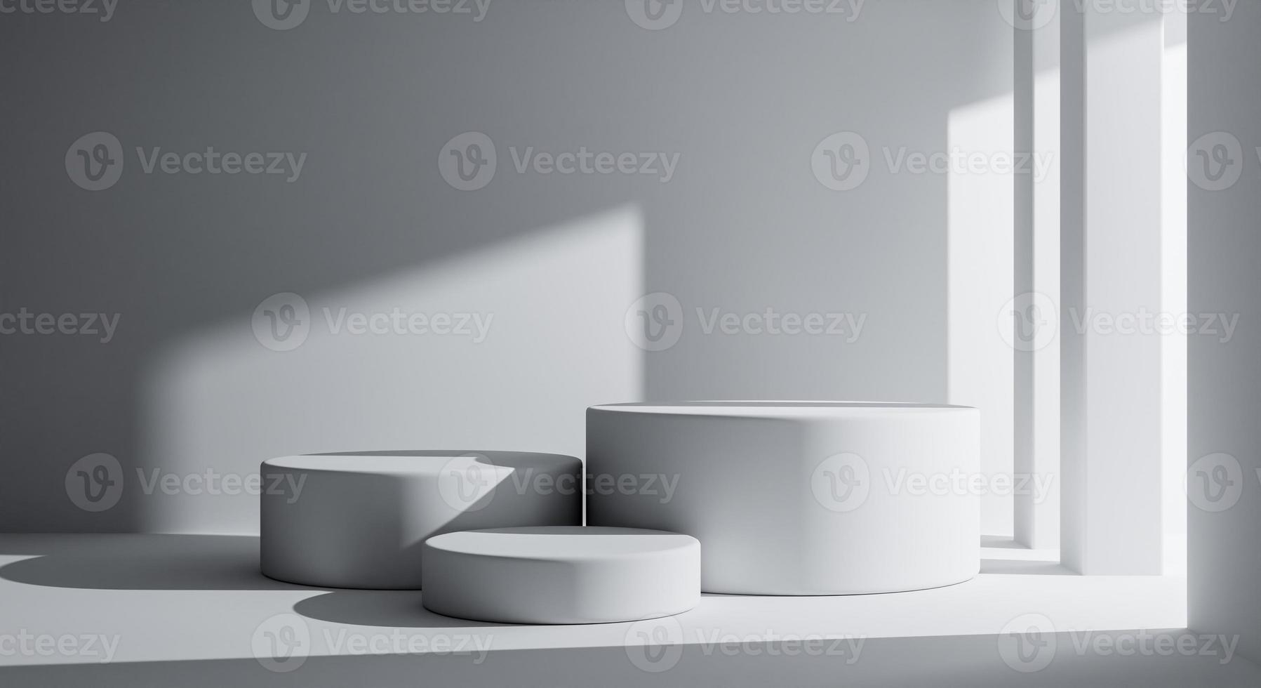 Three white round product podiums in minimal style with building background. Architecture and interior concept. 3D illustration rendering. photo