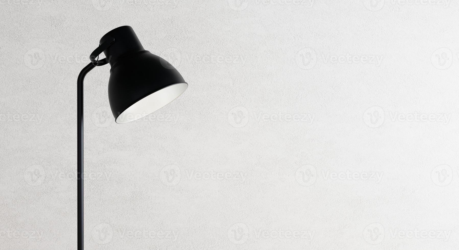 Closeup black floor lamp on clean white empty concrete wall background. Furniture and object concept. 3D illustration rendering photo