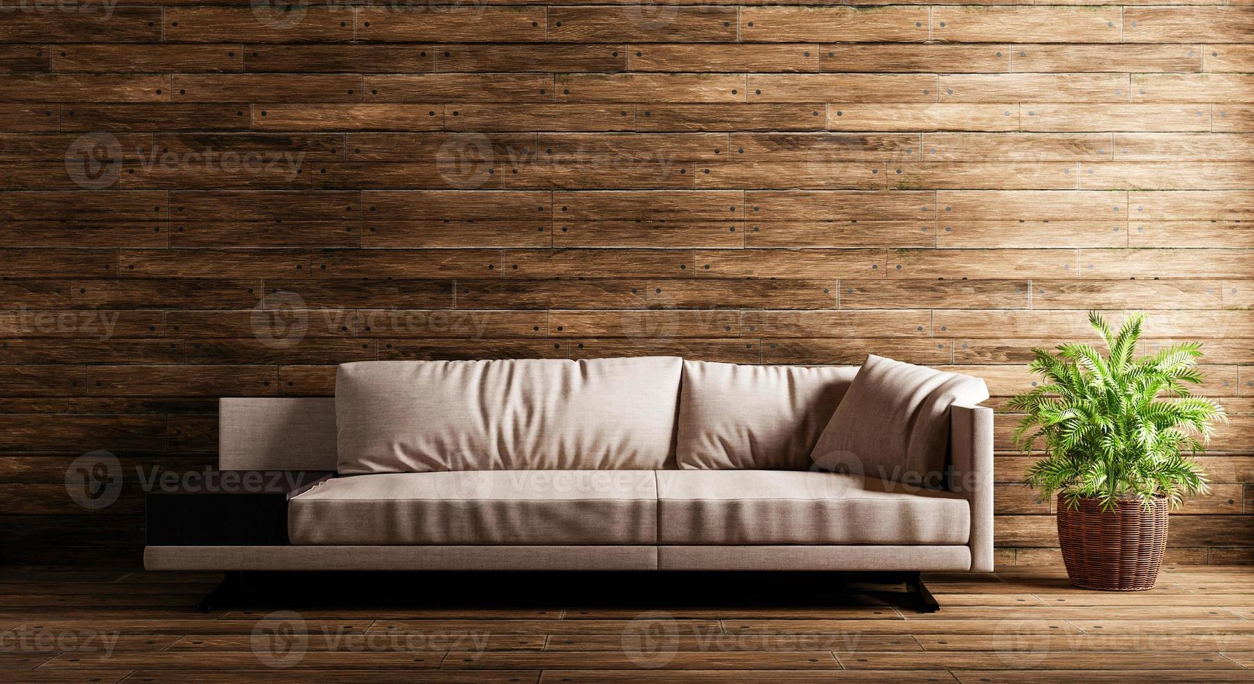 acogedor sofá beige en el fondo de una casa de madera con planta. arquitectura y concepto interior. representación de ilustración 3d foto