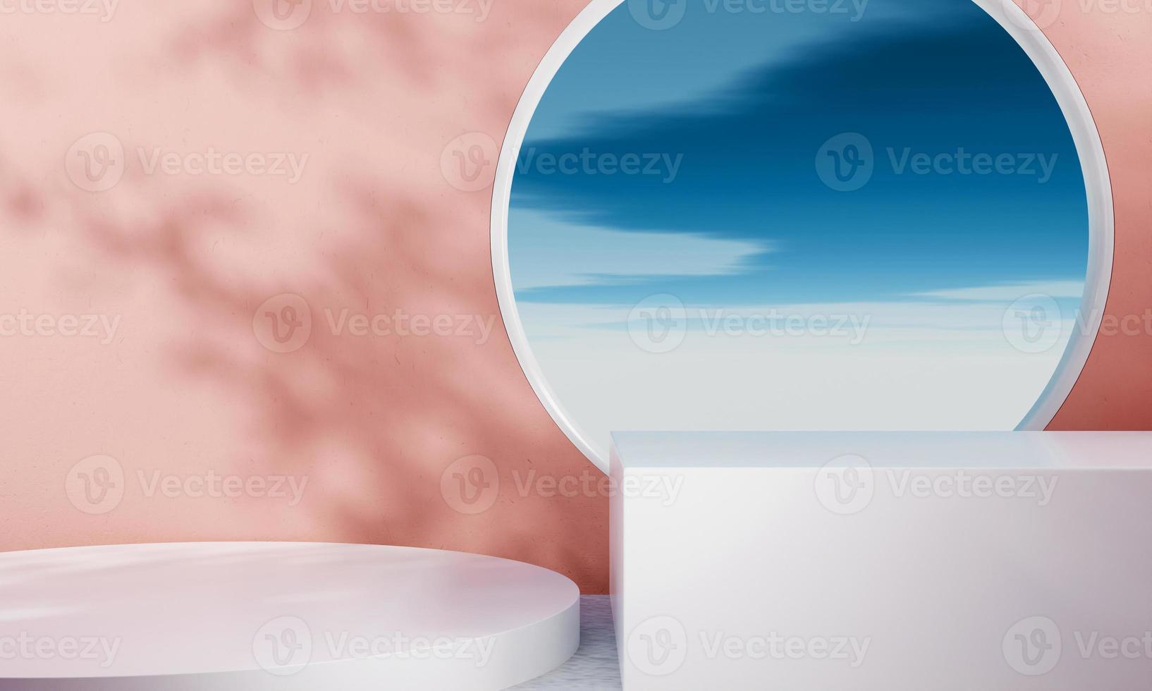 habitación vacía en un podio de tonos pastel rosa y blanco con sombra de hojas de árbol y ventana de cielo azul y fondo de nubes. concepto abstracto y de naturaleza. representación de ilustración 3d foto