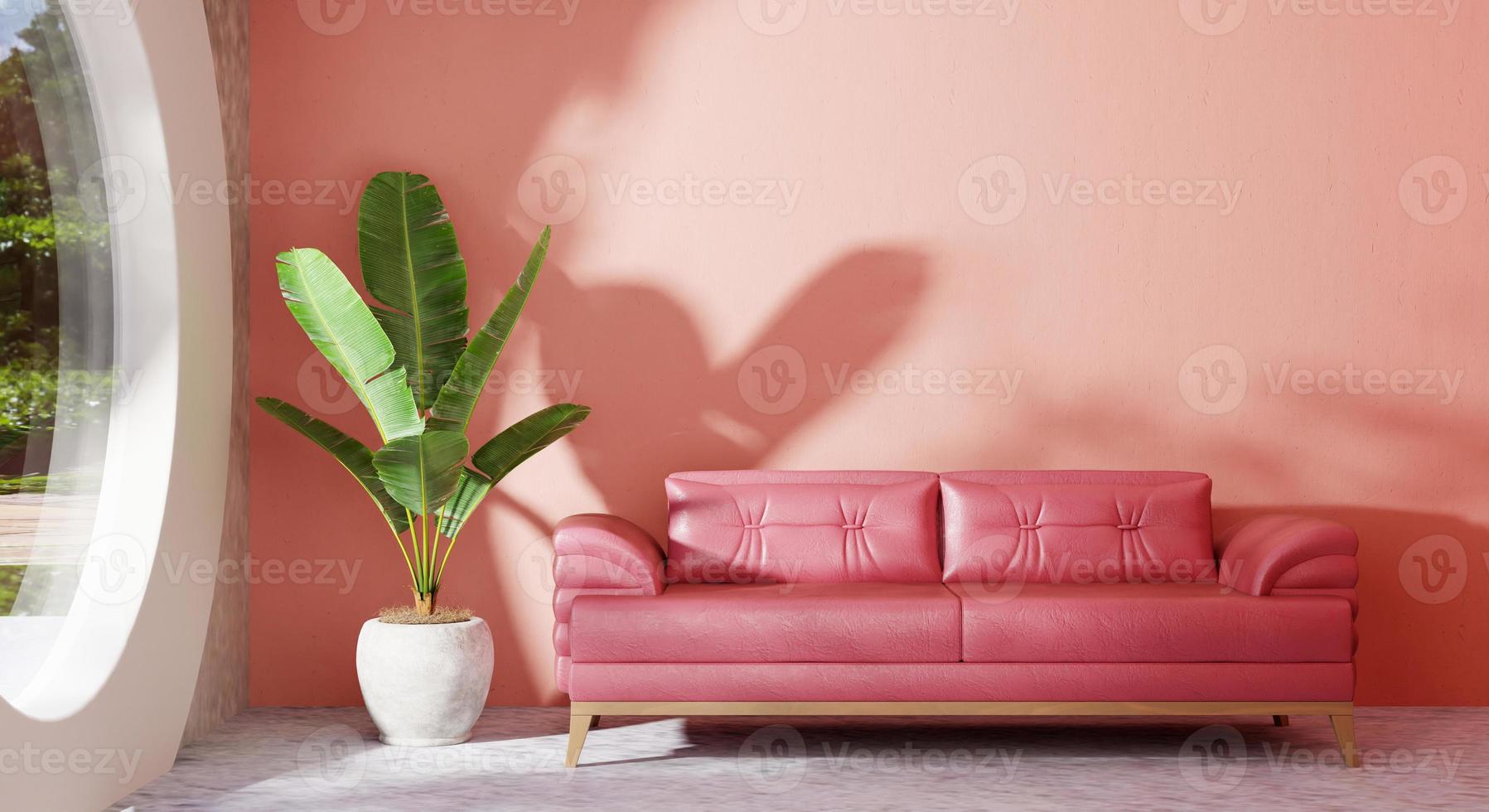 Cozy pastel pink sofa in modern living room with banana plant and look through glass window garden outside outdoor view on concrete floor. Architecture and interior concept. 3D illustration rendering photo