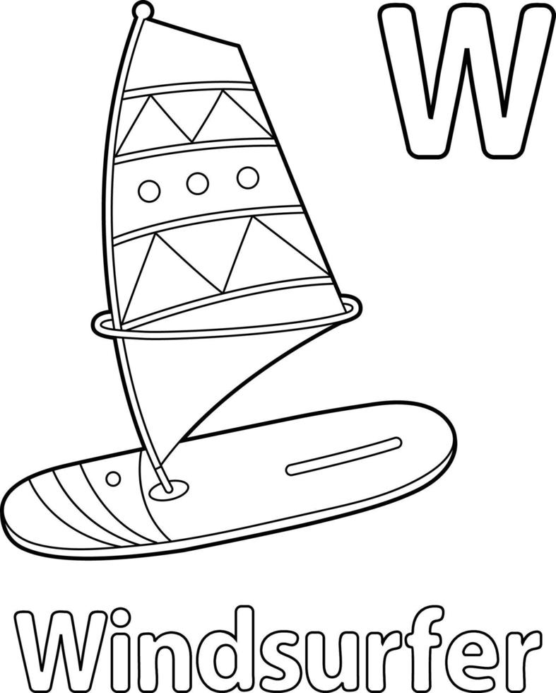 windsurfista abecedario abc para colorear página w vector