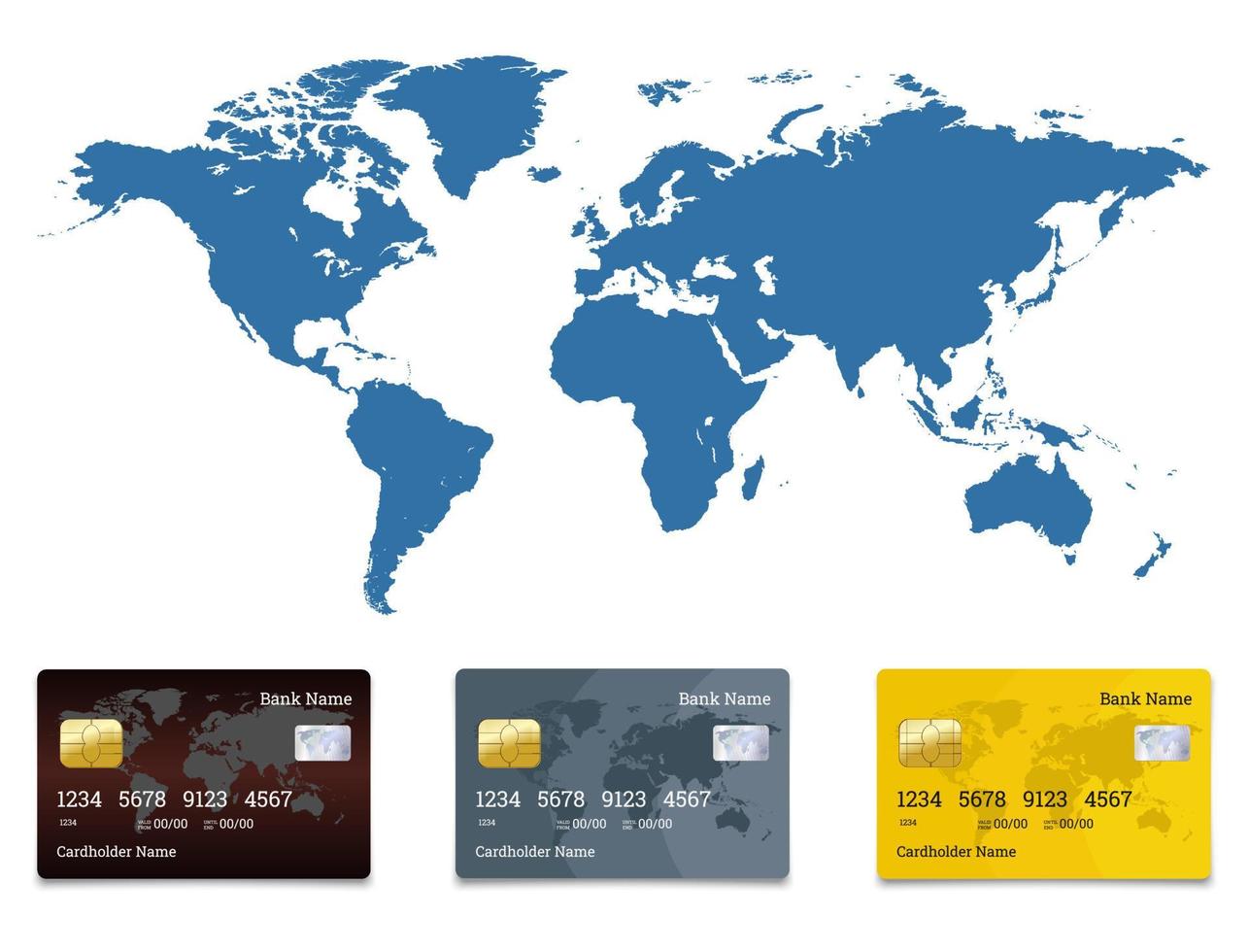 Debit and credit cards that facilitate transactions around the world vector
