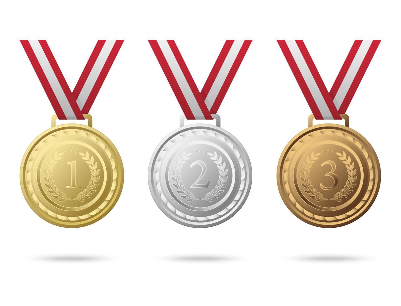 Set of championship medals with red and white ribbons vector