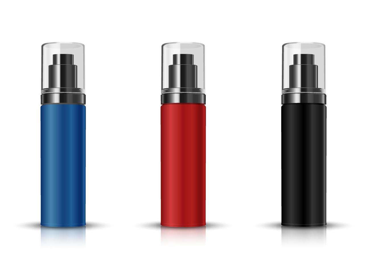 Bottles from cans with transparent lids in blue, black and red colors vector