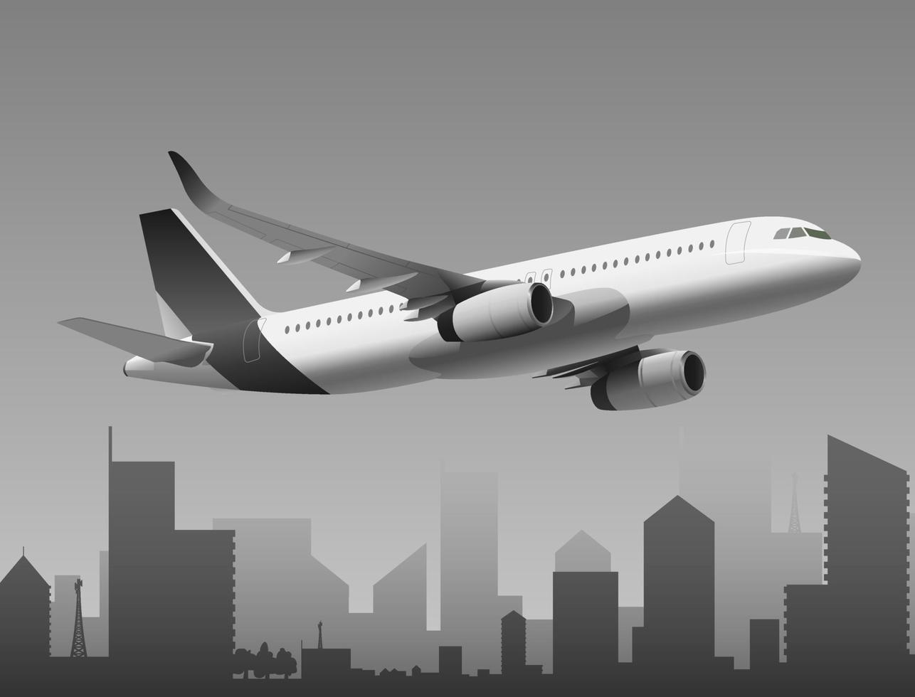 Airplane flying over city on black and white background vector