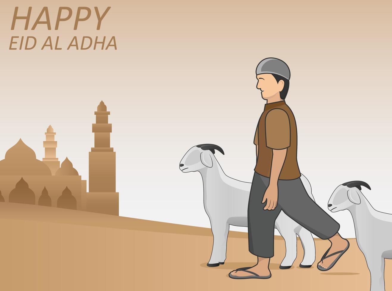 A person walks to the mosque with a sacrificial animal on Eid al-Adha vector