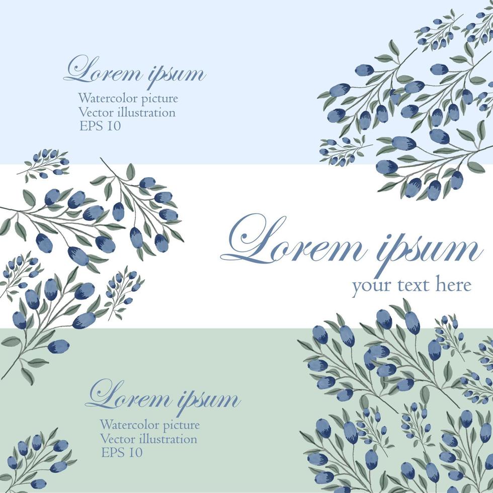 Set of three horizontal banners with beautiful watercolor blueberries. vector