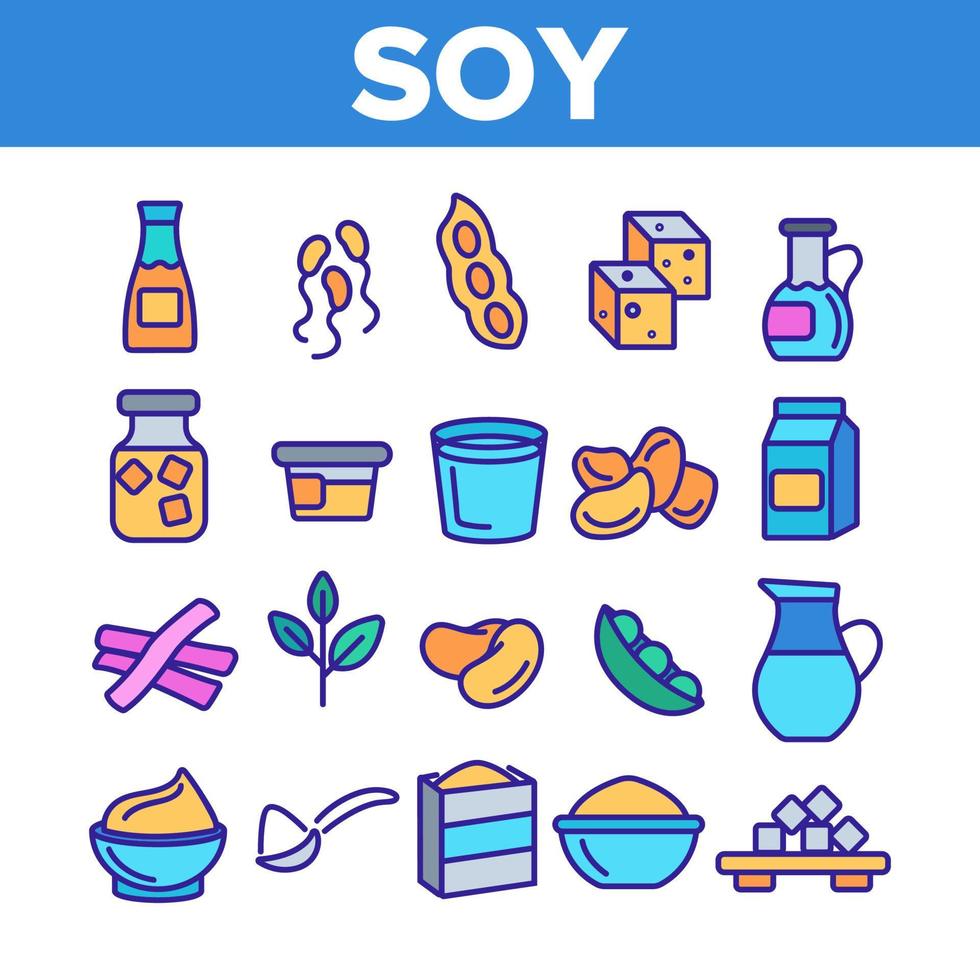 Soy Products, Food Linear Vector Icons Set