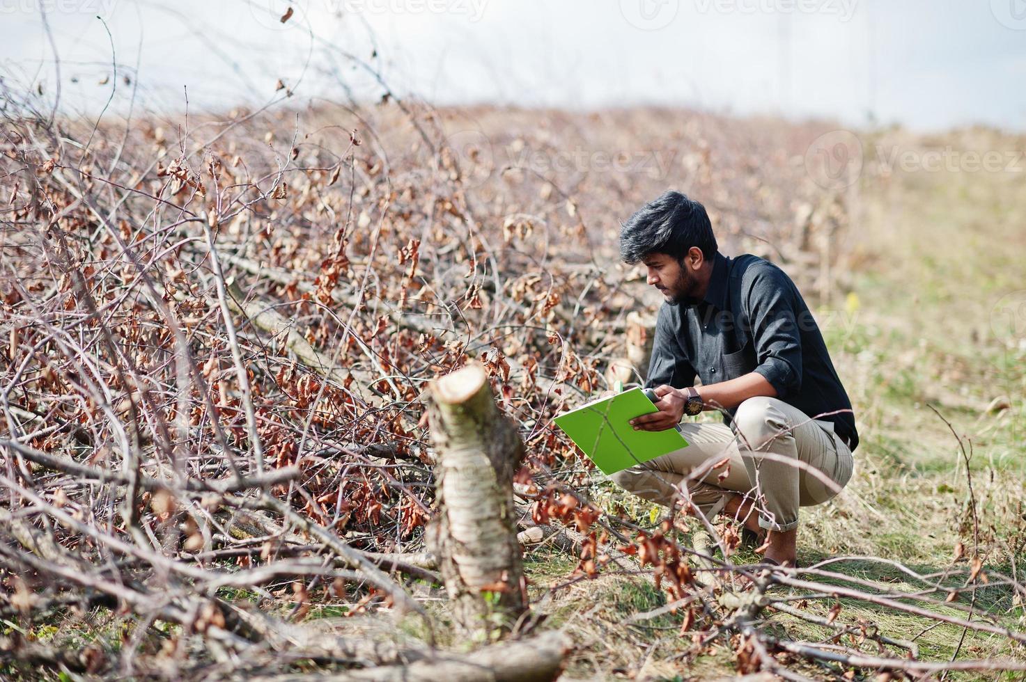 South asian agronomist farmer with clipboard inspecting cut trees in the farm garden. Agriculture production concept. photo