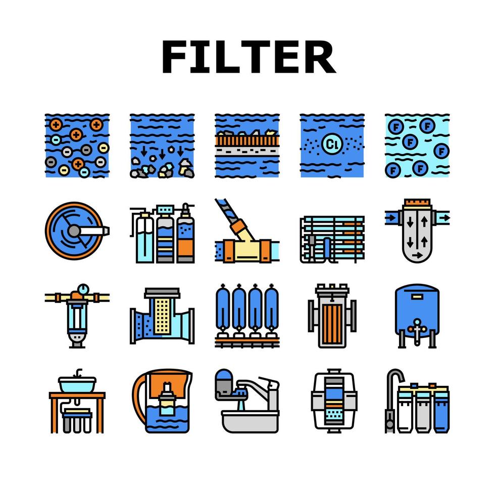 conjunto de iconos de colección de equipos de filtro de agua vector