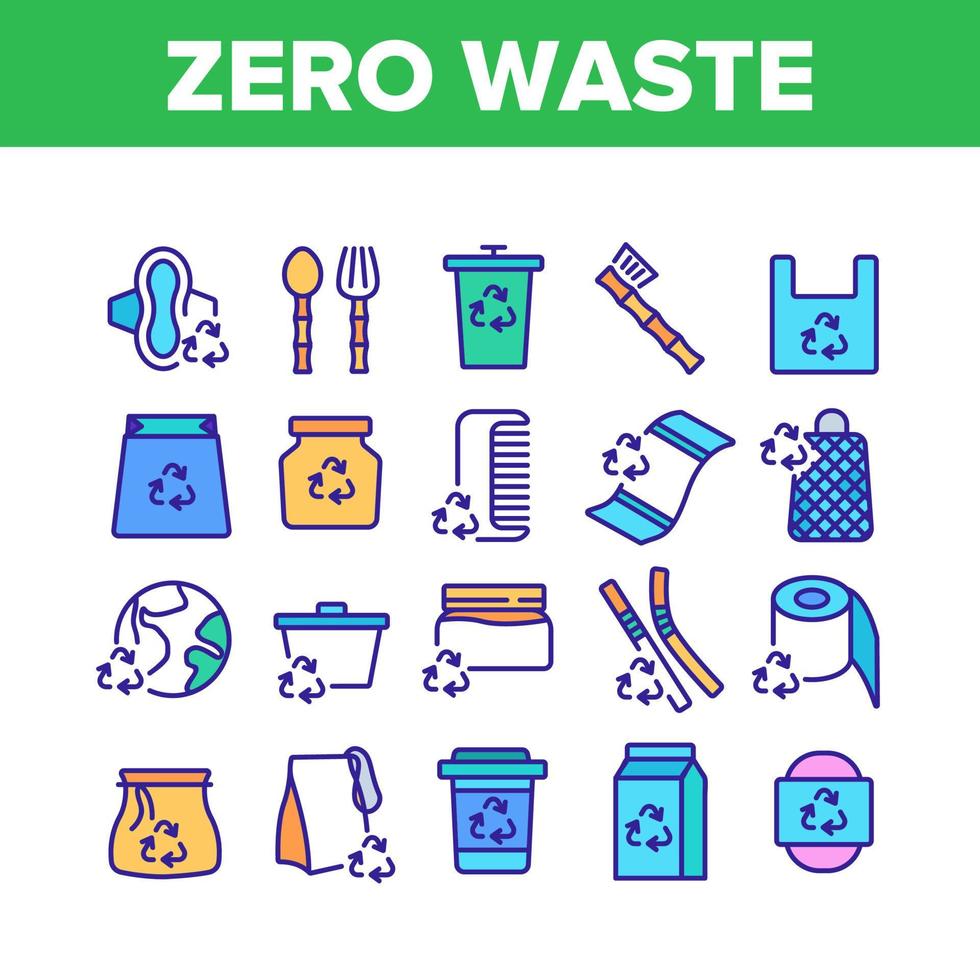 Zero Waste Reusable Collection Icons Set Vector