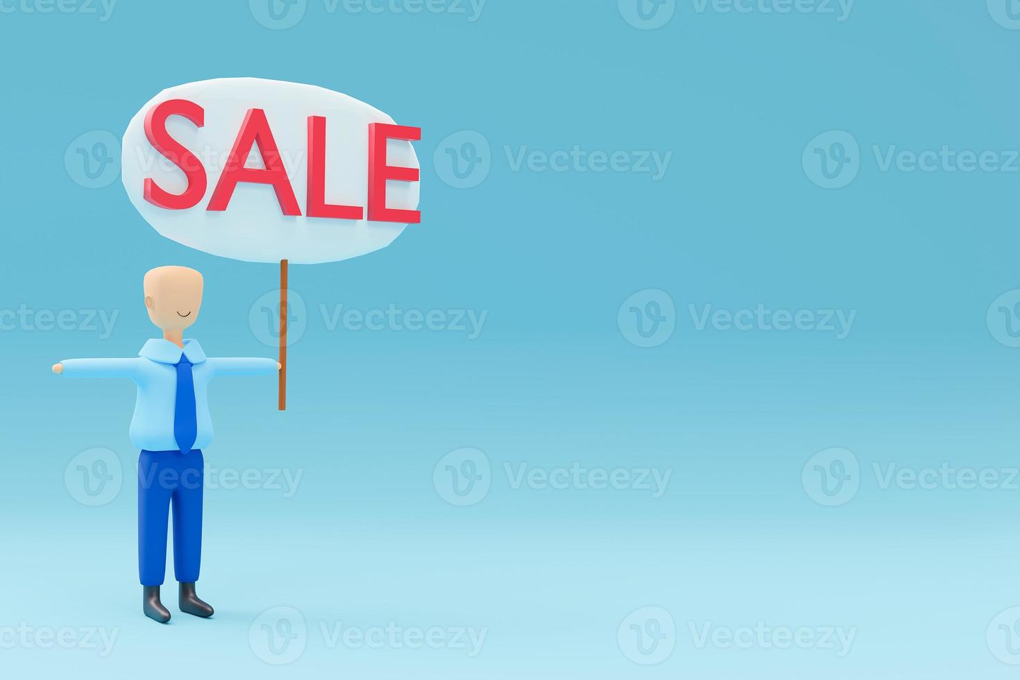 Asian man character caucasian character young isolated background with sign Sale concept 3d render photo