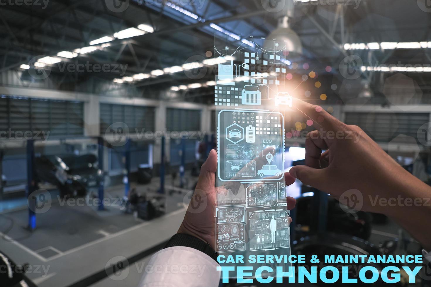 Robot Technology AI fix car repair on car Lift in garage dealership Fix the car with a touch touching UI screen interface point to the point that needs to corrected New technology in IOT car industry photo