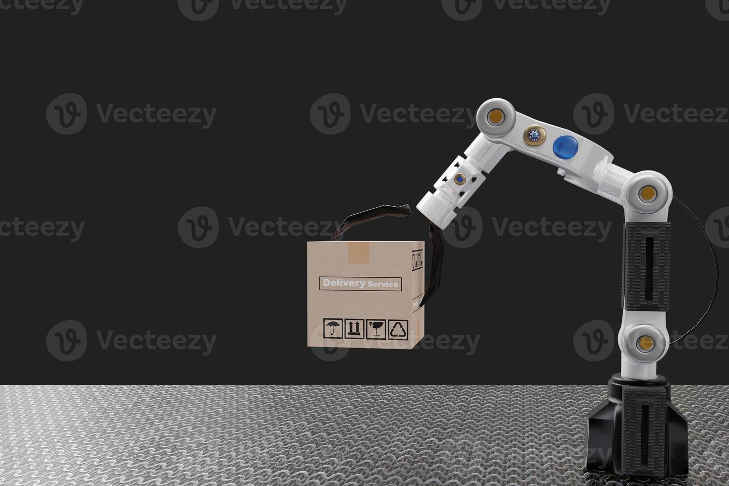Robot arm Object for manufacturing industry technology Product export and import of future Robot cyber in the warehouse by hand mechanical future technology photo
