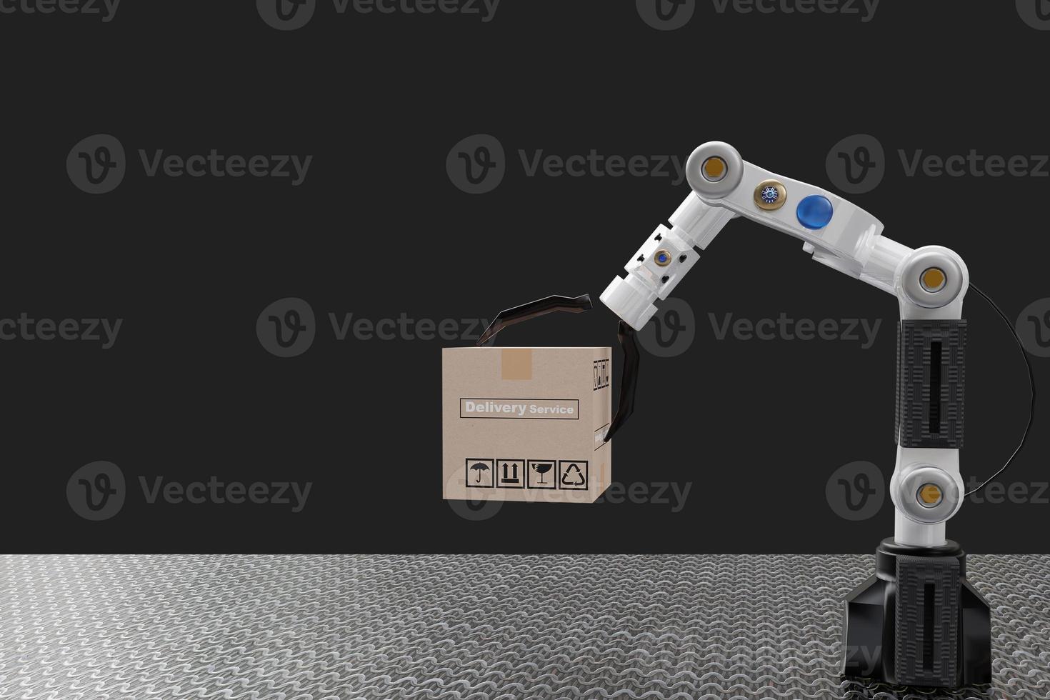 Robot arm Object for manufacturing industry technology Product export and import of future Robot cyber in the warehouse by hand mechanical future technology photo