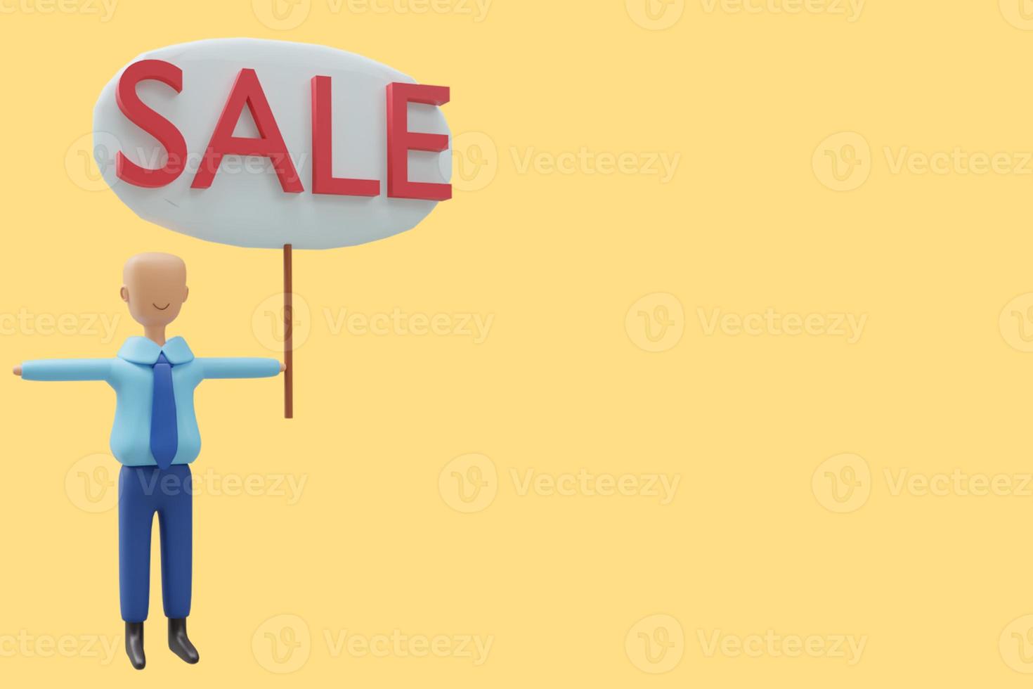 Asian man character caucasian character young isolated background with sign Sale concept 3d render photo