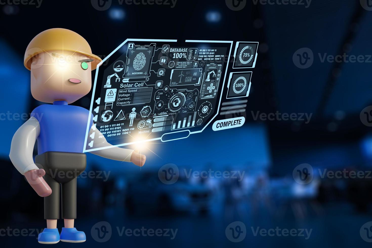 Robot Technology AI fix car repair on car Lift in garage dealership Fix the car with a touch touching UI screen interface point to the point that needs New technology in IOT car industry 3D RENDER photo