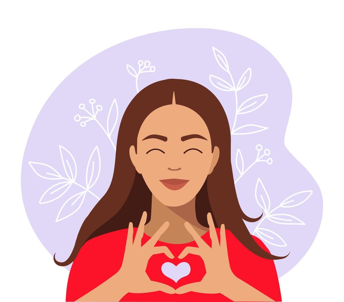 Self love concept. A woman makes a hand heart symbol with her fingers, which express love and acceptance. vector