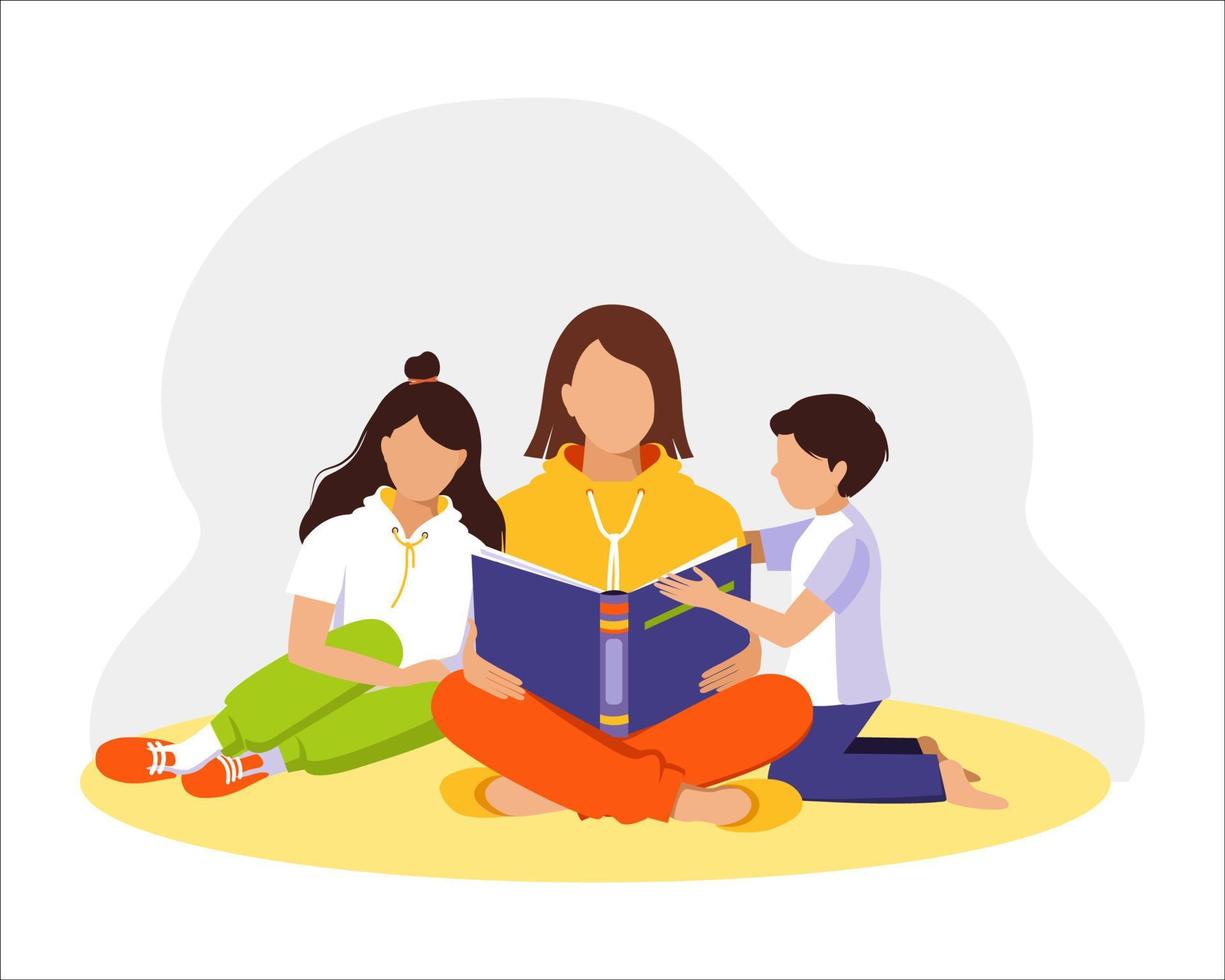 Woman, mother reads a book to children. vector