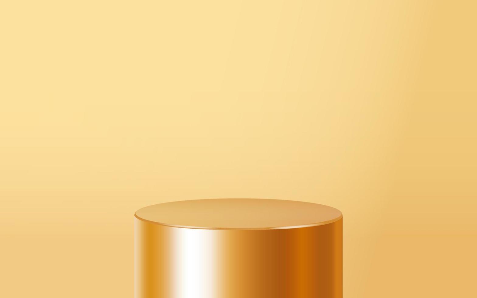 Realistic golden blank product podium scene isolated on gold background. Geometric metallic round shape for product branding. Gold cylinder mock up scene.  3d vector illustration background