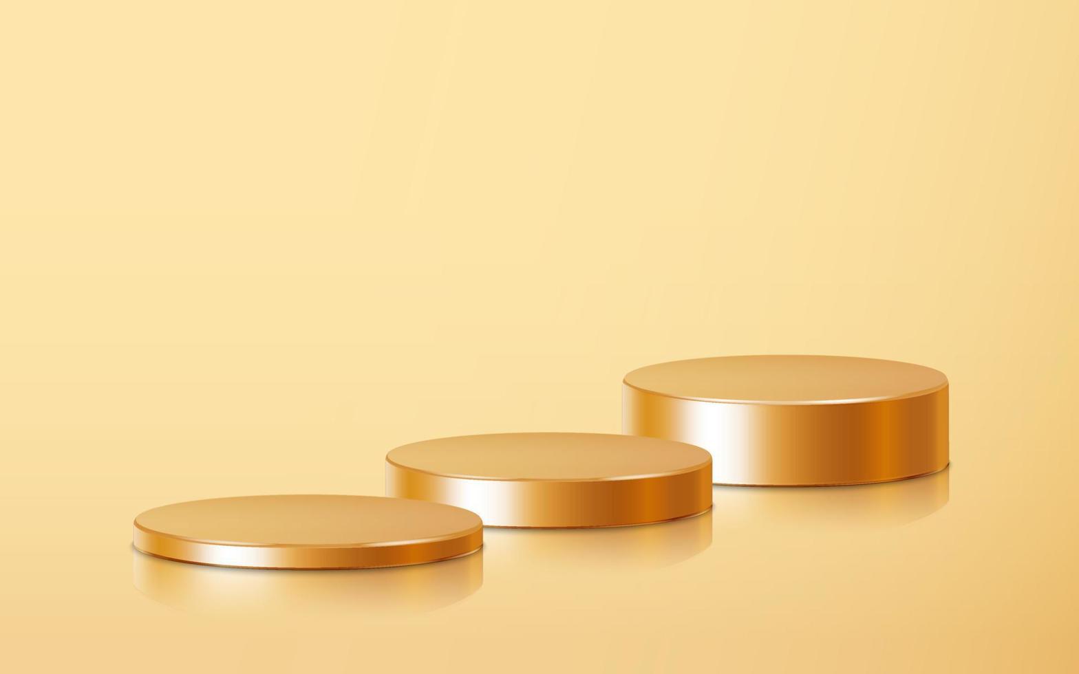 Realistic three golden blank product step podium scene isolated on gold background. Geometric metallic round shape for product branding. Gold cylinder mock up scene. 3d vector illustration background