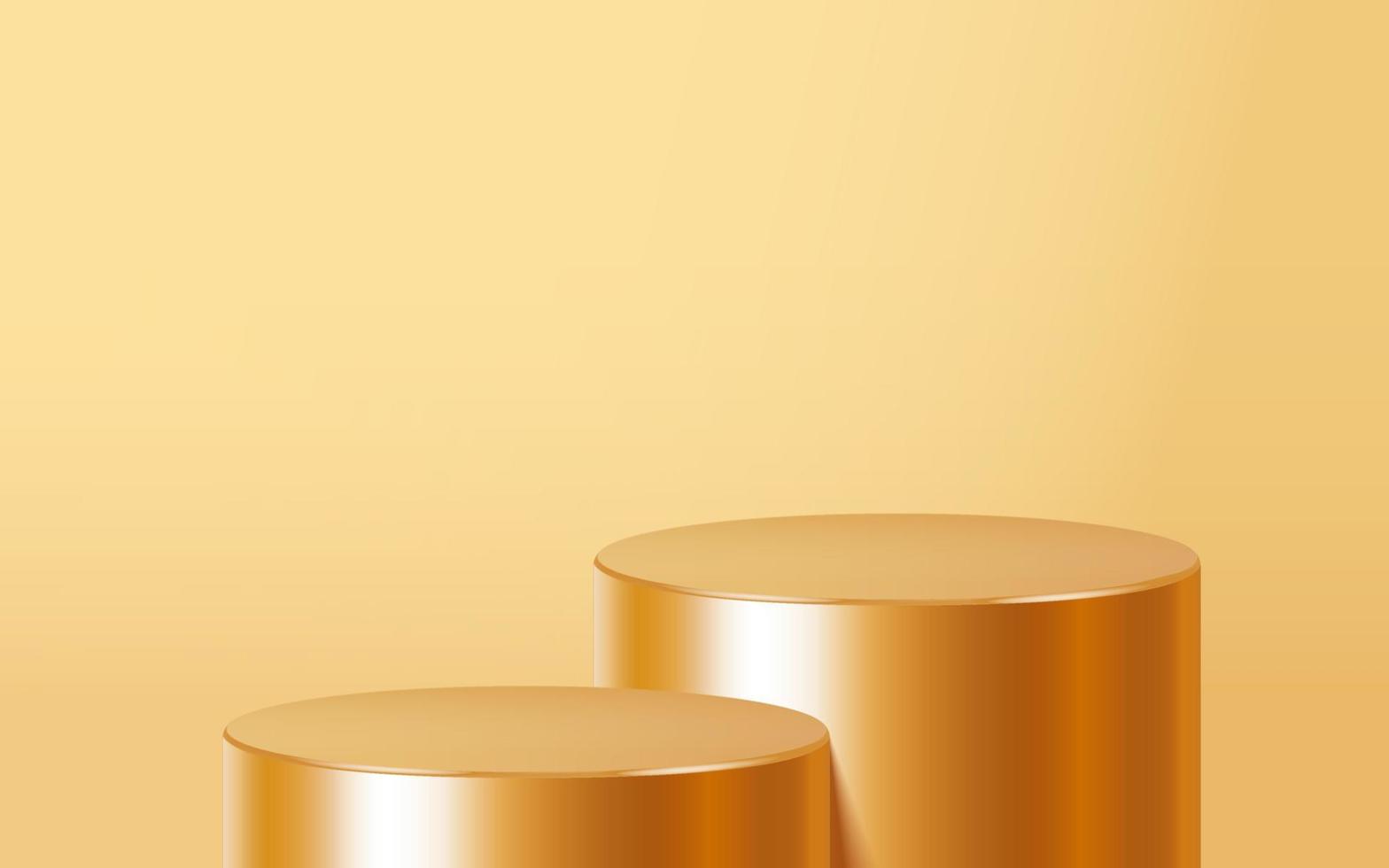 escena de podio de dos productos en blanco dorado realista aislada sobre fondo dorado. forma redonda metálica geométrica para la marca del producto. escena de maqueta de cilindro de oro. fondo de ilustración vectorial 3d vector