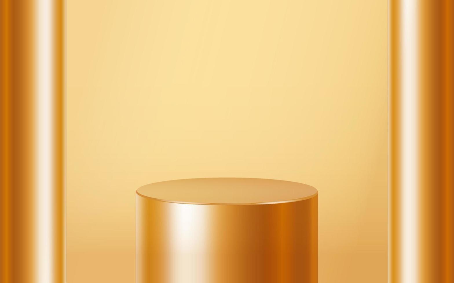 Realistic one golden blank product step podium scene isolated on gold background. Geometric metallic round shape for product branding. Gold cylinder mock up scene.  3d vector illustration background